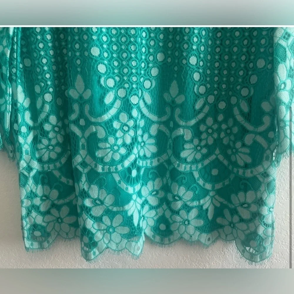 Isaac Mizrahi Live! Green Crochet Lace Overlay Tunic Top Sz Lg beautifu… - Picture 9 of 11